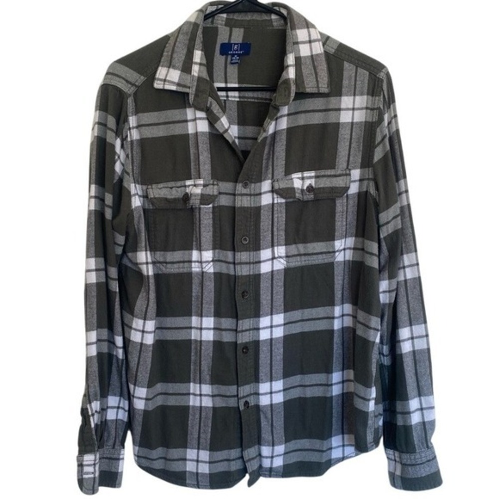 George Flannel Shirt Olive Green Plaid Long Sleeve Button Up Casual Medium
